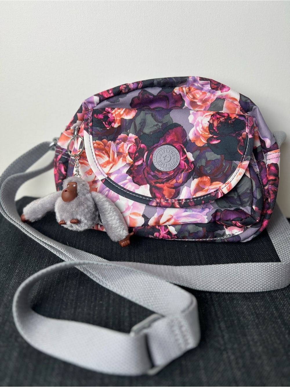 Kipling Stelma Vibrant Kissing Floral Crossbody with Grey Monkey Keychain